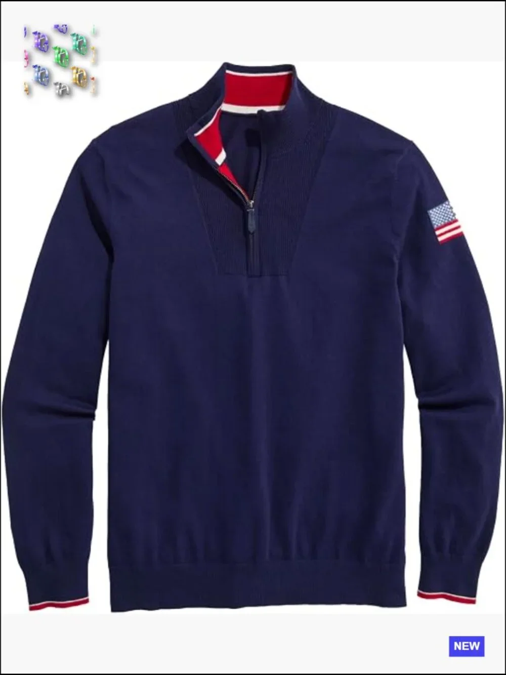 Americana Quarter-Zip Cashmere Cotton Sweater Preppy Flag Sleeve Navy